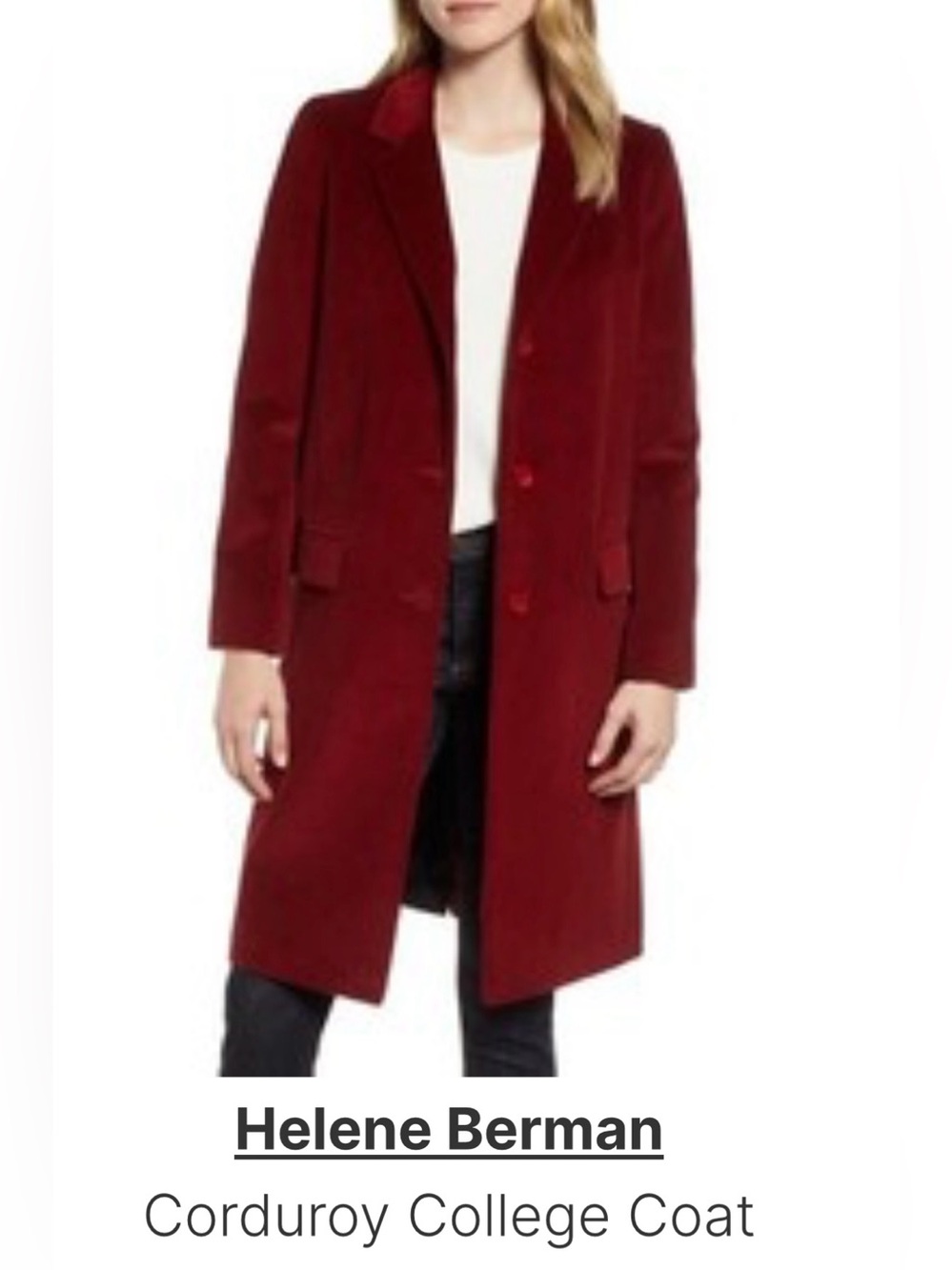ANTHROPOLOGIE by Helene Berman: Deep Red Long Corduroy Coat-LIKE NEW - Picture 3 of 16